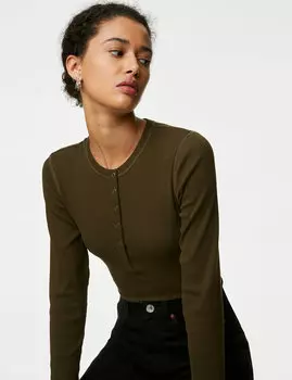 Хлопковый топ на пуговицах в рубчик Marks & Spencer, хаки