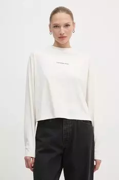 Хлопковый топ с длинными рукавами Calvin Klein Jeans, бежевый