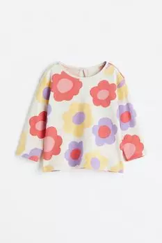 Хлопковый топ с длинными рукавами H&amp;M, натуральный белый/цветы