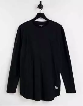 Хлопковый топ с длинными рукавами и изогнутым краем Jack & Jones Essentials черного цвета - ЧЕРНЫЙ
