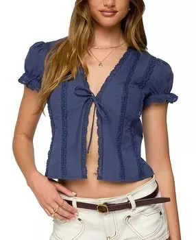 Хлопковый топ с кружевом и завязками спереди Edikted, синий