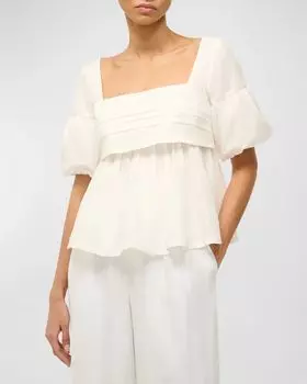 Хлопковый топ с квадратным вырезом и пышными рукавами Darla Pintuck STAUD, цвет Ivory