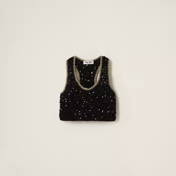 Хлопковый топ с пайетками связанный крючком Miu Miu, черный