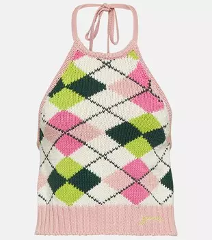 Хлопковый топ с вырезом халтер и ромбами GANNI, разноцветный