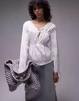 Хлопковый топ Topshop цвета слоновой кости с завязкой спереди