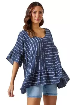 Хлопковый топ-туника в полоску с оборками по краю Roman, синий