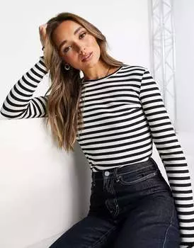 Хлопковый топ в рубчик с длинными рукавами Selected Femme в черную полоску - MULTI