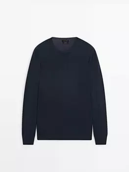 Хлопковый трикотажный свитер с длинными рукавами Massimo Dutti, синий