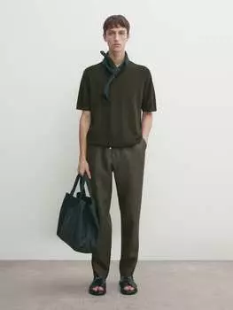 Хлопковый трикотажный свитер с короткими рукавами Massimo Dutti, хаки