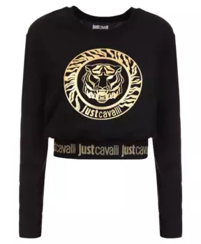 Хлопковый укороченный топ с длинными рукавами и принтом логотипа Roberto Cavalli, черный
