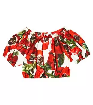 Хлопковый укороченный топ с открытыми плечами и цветочным принтом Dolce&Gabbana Kids, красный