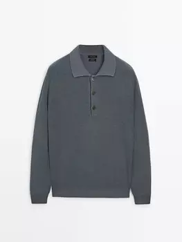 Хлопковый вязаный свитер с воротником-поло Massimo Dutti, голубой