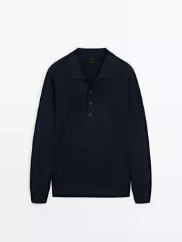 Хлопковый вязаный свитер с воротником-поло Massimo Dutti, синий