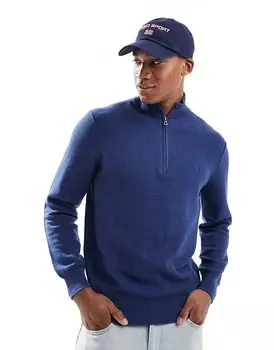 Хлопковый вязаный свитер темно-синего меланжевого цвета Polo Ralph Lauren с логотипом и молнией на шее