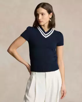 Хлопковый женский свитер с коротким рукавом Polo Ralph Lauren, темно-синий