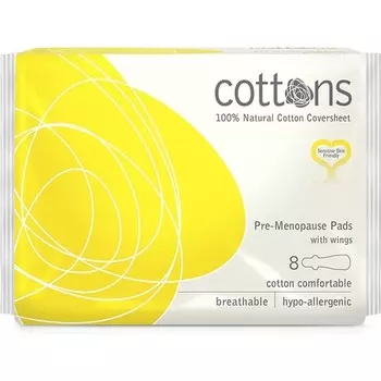 Хлопок 100% натуральный хлопок Обложка Гигиенические прокладки для периода пременопаузы с крылышками 8 шт. Гипоаллергенные дышащие без запаха Cottons