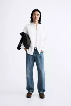 Хлопок - льняная рубашка ZARA, белый