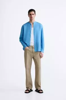 Хлопок - льняная рубашка ZARA, голубоватый