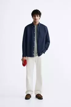 Хлопок - льняная рубашка ZARA, темно-синий