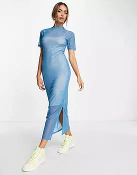 Хлопок: платье миди в сетку синего точечного принта.