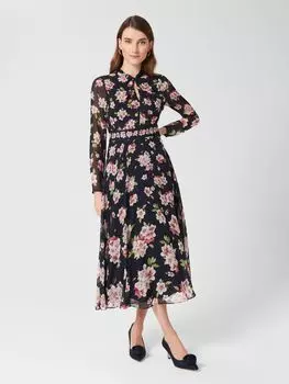 Hobbs Helena Шелковое платье-миди с цветочным принтом, Темно-синий/Мульти
