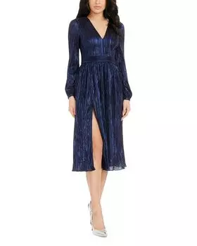 Холли Длинное платье с рукавами из металлизированного плиссе Dress the Population, синий
