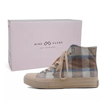 Холщовые кеды женские высокие Mingkuang, цвет Milk tea grid