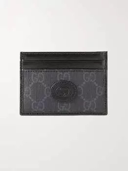 Холщовый картхолдер с покрытием и монограммой с кожаной отделкой GUCCI, черный