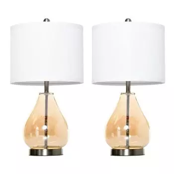 HOMCOM Набор из 2 настольных ламп Настольные лампы Цоколь E27 Прикроватная лампа 40 Вт Стекло Лен Сталь Янтарный 30 x 56 В см, белый