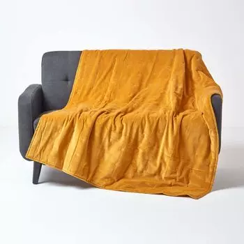 HOMESCAPES Мягкое бархатное покрывало, горчично-желтый, 150 x 200 см