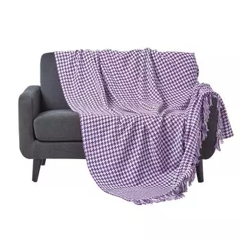 HOMESCAPES Плед на диван фиолетово-белый с узором «гусиные лапки», 255 x 360 см