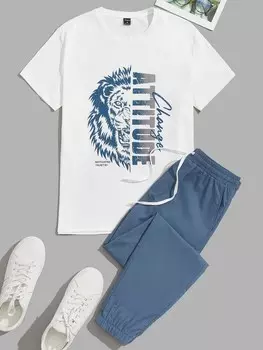 Homme Комплект футболок с короткими рукавами с буквами и львами из хлопка и брюк с завязками на талии. для выхода Manfinity, синий/белый