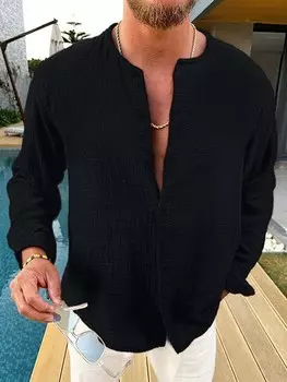 Homme Мужская однотонная рубашка на пуговицах, облегающая однотонная черная рубашка в стиле бохо с длинными рукавами для мужа Manfinity, черный