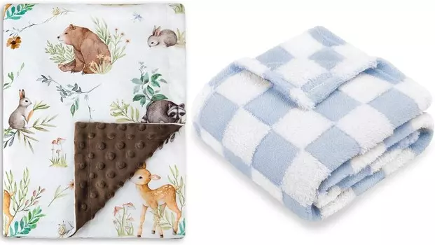 HOMRITAR, 2 комплекта детского одеяла для мальчиков или девочек, плюшевое одеяло Minky для малышей с лесными животными + клетчатое детское одеяло 30 x 40 дюймов