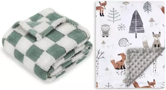 HOMRITAR, 2 упаковки, детское одеяло в клетку для мальчиков, шалфейно-зеленое + детское одеяло для мальчиков и девочек с разноцветным принтом лесных лис, 30 x 40 дюймов