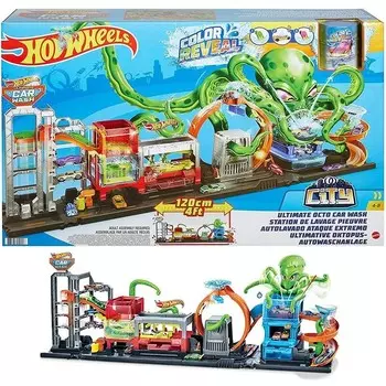 Hot Wheels, City, Color Reveal Mega Car Wash Attack Octopus Attack, набор
