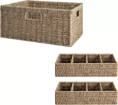 Хранение Works Большая плетеная корзина для хранения вещей, плетеные корзины для хранения вещей с 4 секциями StorageWorks, Light Brown