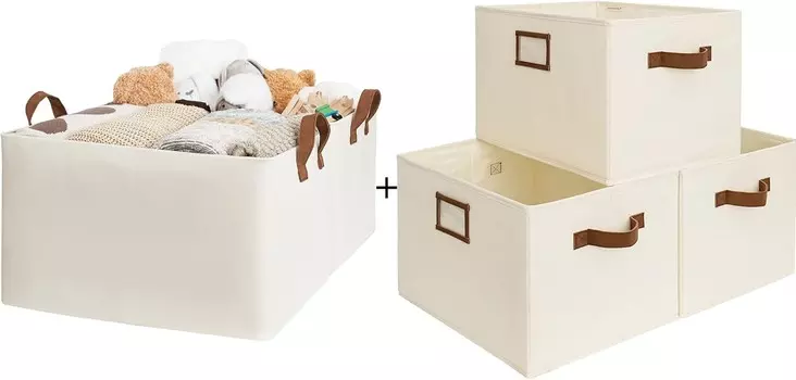 Хранение Works Очень большие тканевые контейнеры для хранения объемом 45 л с ручками из полиуретана, 3 шт., декоративные контейнеры для хранения на 32 л для полок, корзины для хранения в шкафу с ручками из полиуретана, 3 шт. StorageWorks