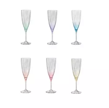 Хрустальные бокалы для шампанского Bohemia, бокал для шампанского, флейта для шампанского, модель Kate Optic, разноцветные, 220 мл, набор из 6 шт
