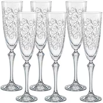 Хрустальные бокалы для шампанского Bohemia, фужеры для шампанского, модель Leaves Clear, гравировка, 200 мл, набор из 6 шт Crystalex