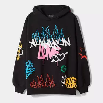 Худи Bershka With Graffiti Print, черный