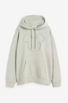 Худи H&M Mickey Mouse With Motif, светлый серо-зеленый