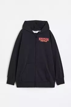 Худи H&M Stranger Things Oversized Printed Zip-through, черный
