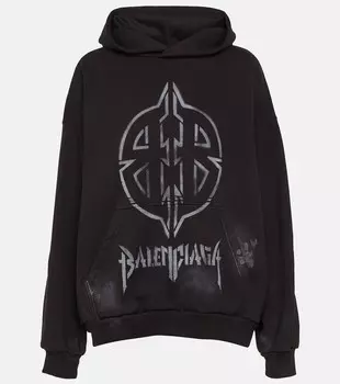 Худи из хлопкового флиса Metal BB Balenciaga, Washed Black/White