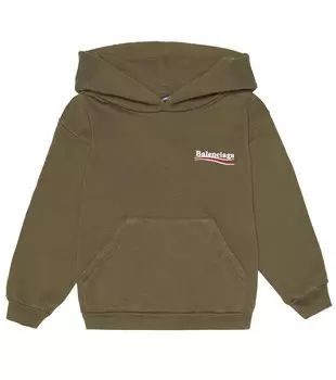 Худи из хлопкового флиса с вышивкой Balenciaga Kids, зеленый