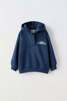 Худи с флокированным слоганом ZARA, темно-синий