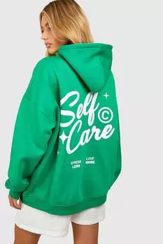 Худи с принтом на спине self care Boohoo, зеленый