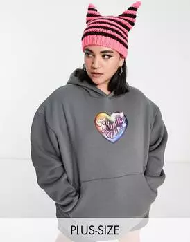 Худи серого цвета оверсайз с принтом сердечек COLLUSION Plus
