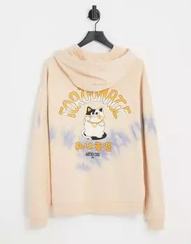 Худи свободного кроя бежевого цвета с принтом в виде кота на спине ASOS DESIGN
