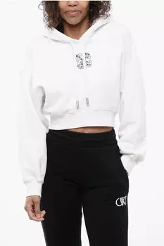 Худи укороченное из матового хлопка со стразами Off-White, белый
